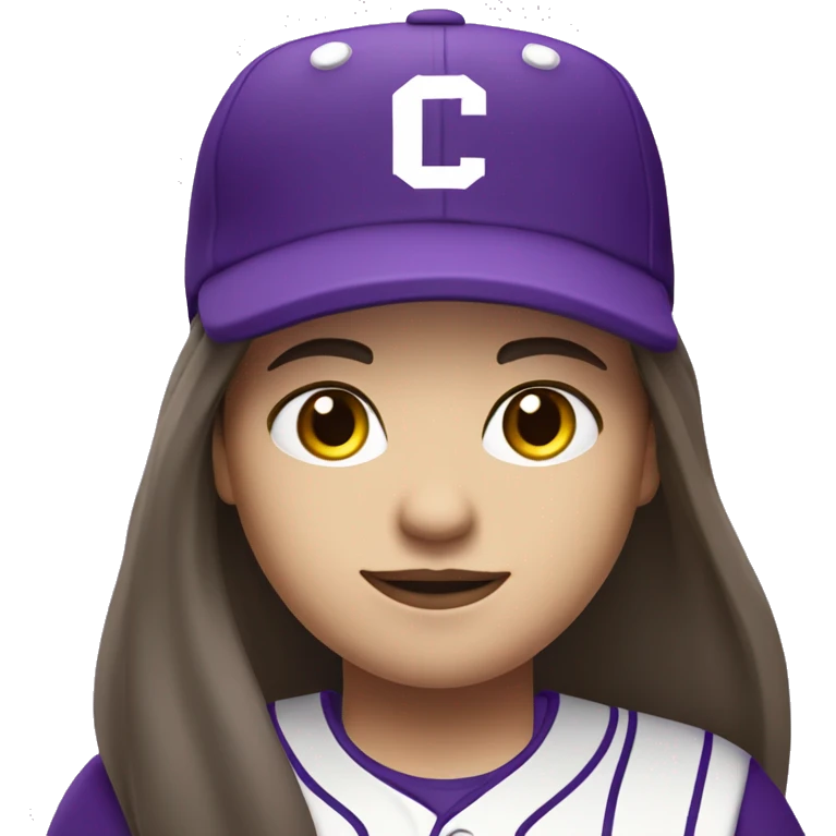 baseball card character. Brunette long straight hair. letter C logo. Purple and white uniform. emoji