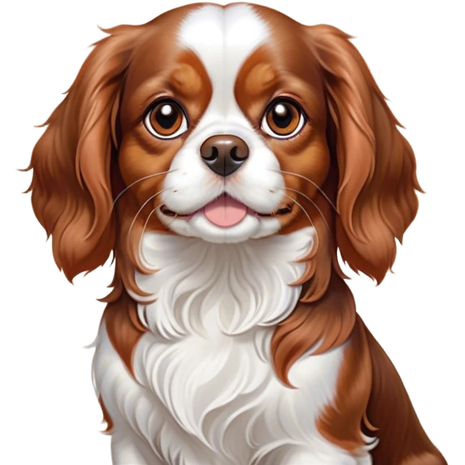Cinematic Cute Blenheim Cavalier King Charles Spaniel Portrait Emoji, Head tilted playfully and inquisitively, silky Blenheim coat with warm chestnut and crisp white patches, round, sparkling brown eyes filled with curiosity, Simplified yet irresistibly adorable features, highly detailed, glowing with a warm, friendly glow, high shine, affectionate and lively, stylized with a touch of whimsy, bright and endearing, soft glowing outline, capturing the essence of a mischievous yet loving pup, so playful it feels like it could pounce out of the screen and into your arms! emoji