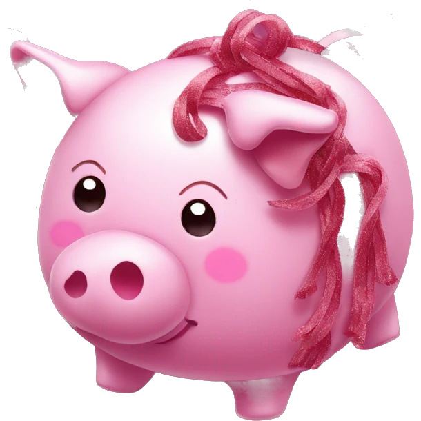 Sparkling Pig made of maroon sparkling sour candy laces andc sweets walking covered in sugar  emoji
