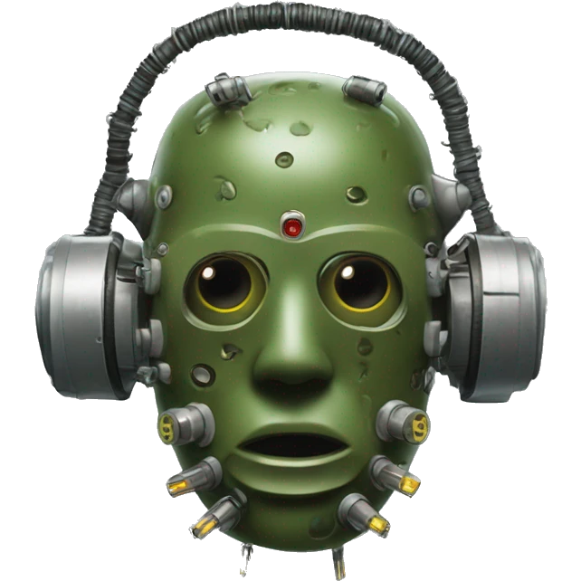 Olive green mohawk cyborg head with respirator mask and circuits emoji
