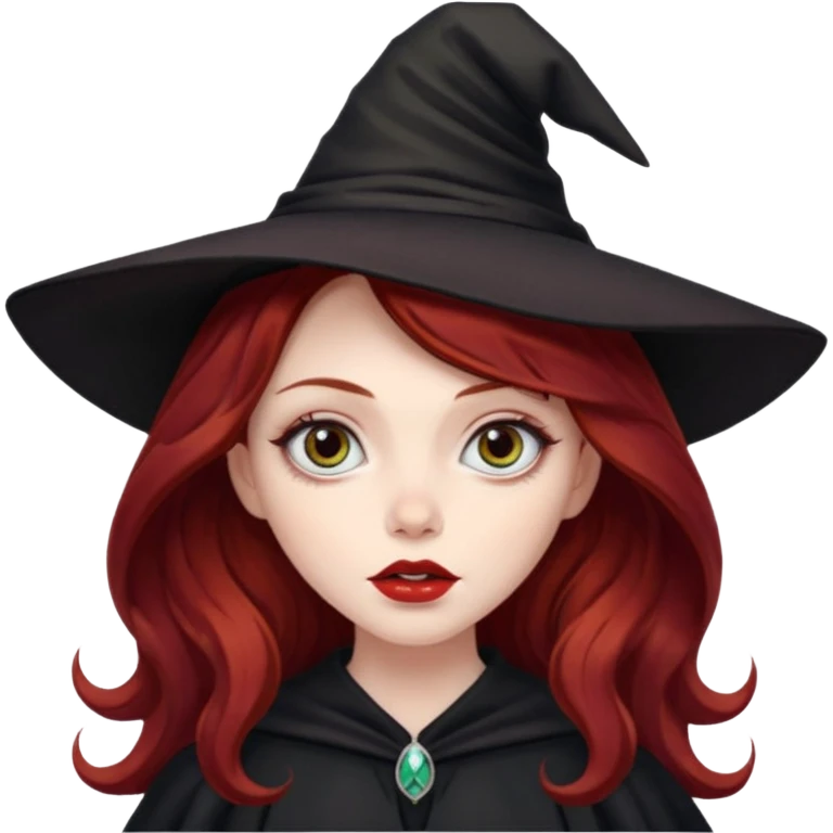 long and wavy dark red haired girl, with thick lips, big eyes and she looks like a witch emoji