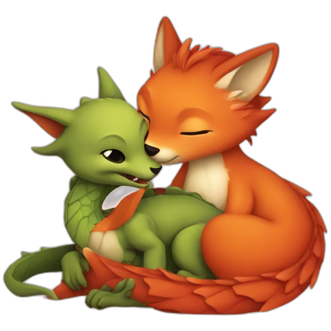 dragon cuddling a fox emoji