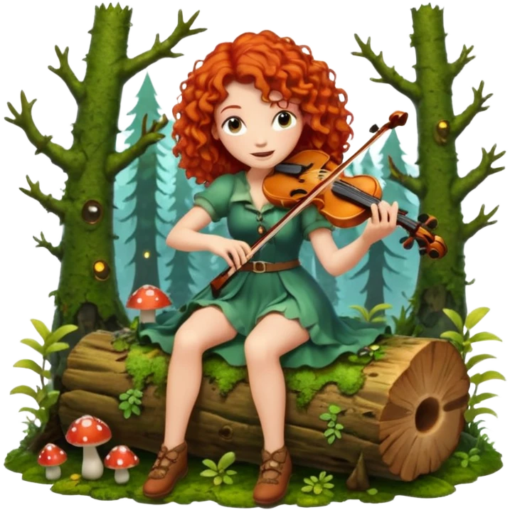 forest sticker character, curly red-haired woman playing violin on mossy log, mushrooms and fireflies around emoji