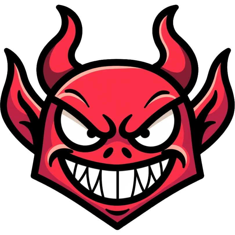 Scary red devil with horns, evil grin, and menacing eyes emoji