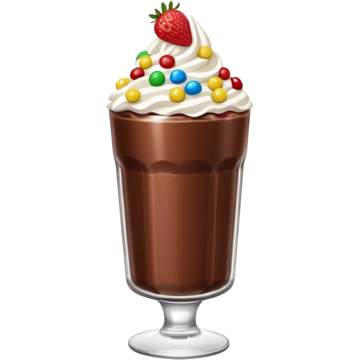 Un vaso cubierto de chocolate que arriba se vea crema batida fresas y mym emoji