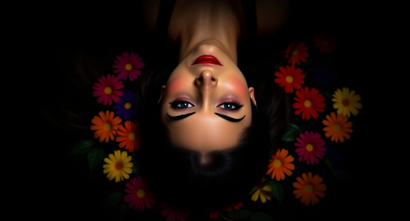 Camera drom top, Motion blur Extreme Closeup photo of a beautifull woman lay around beautifull colorfull flowers in water, cinematic light, 8K, very detailed, sharp, depth (foreground, midground, background) Spotlight, dark environemnt emoji