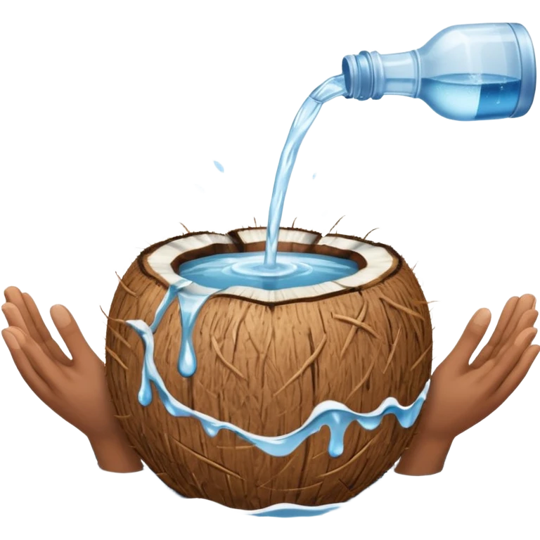 An uncut coconut with water being poured over it with hands cupping water emoji