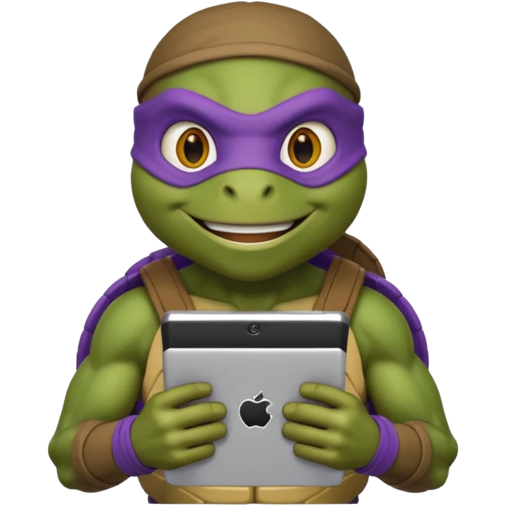 Donatello from Teenage Mutant Ninja Turtles, emoji style, holding a tablet with a hacking screen and smiling emoji
