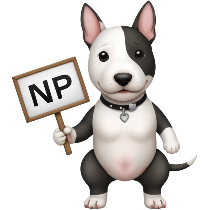 photo realistic bull terrier dog holding a sign that says "NP" emoji