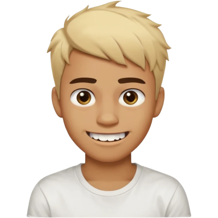Short buzz, messy blonde hair. Dark brown bushy eyebrows large expressive golden-brown eyes, wearing a plain white t-shirt. Crooked grin showing imperfect teeth, one side raised higher than the other, grin with asymmetrical smile. Male Teenager. Brown skin color.  emoji