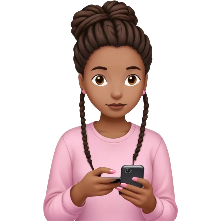 Dark brown woman with dreadlocks in bun Light pink shirt texting on pink emoji