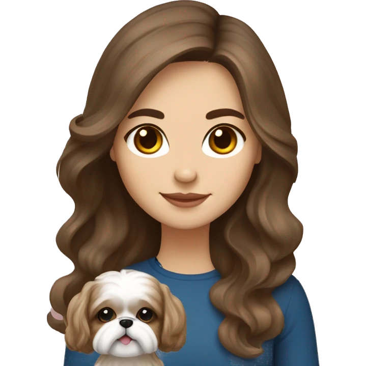 Young brunette hair woman with a cream shih tzu in her arms long wavy hair emoji