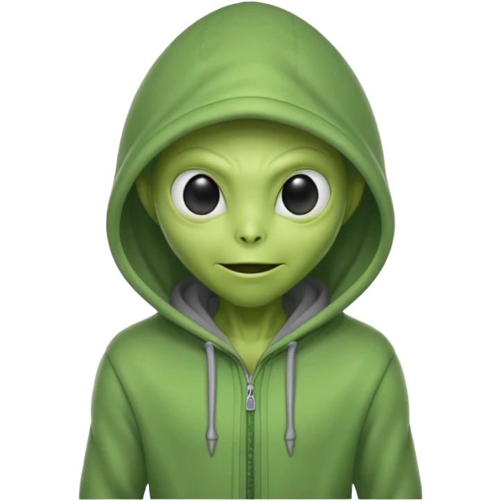 green alien in gray hoodie full height, wear hoodie hat, happy emoji