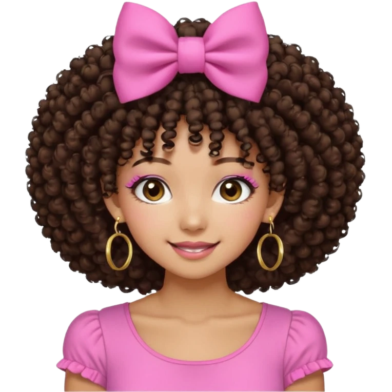 Naturally tan skin girl short darkBrown curly afropink shirt very long lashes hoop gold earrings Brown eyes gyaru smiling closed mouth cute non perfect circular afro. Pink bow hairclip emoji