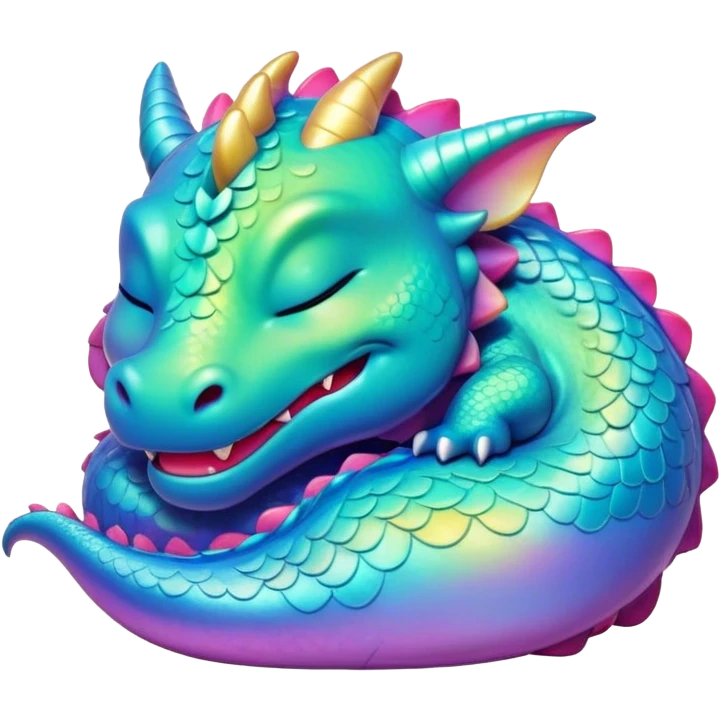 Meme-Worthy Cute Sleeping Dragon Portrait Emoji, Head resting peacefully with a contented smile, showcasing a sinuous, graceful build and a luxuriously soft, iridescent scaled body, eyes gently closed in serene, magical slumber, Simplified yet hilariously adorable features, highly detailed, glowing with a soft, drowsy mystical light, high shine, relaxed and utterly lovable, stylized with an air of playful fantasy, soft glowing outline, capturing the essence of a sleeping dragon that feels destined to become the next viral sensation of enchanted rest! emoji