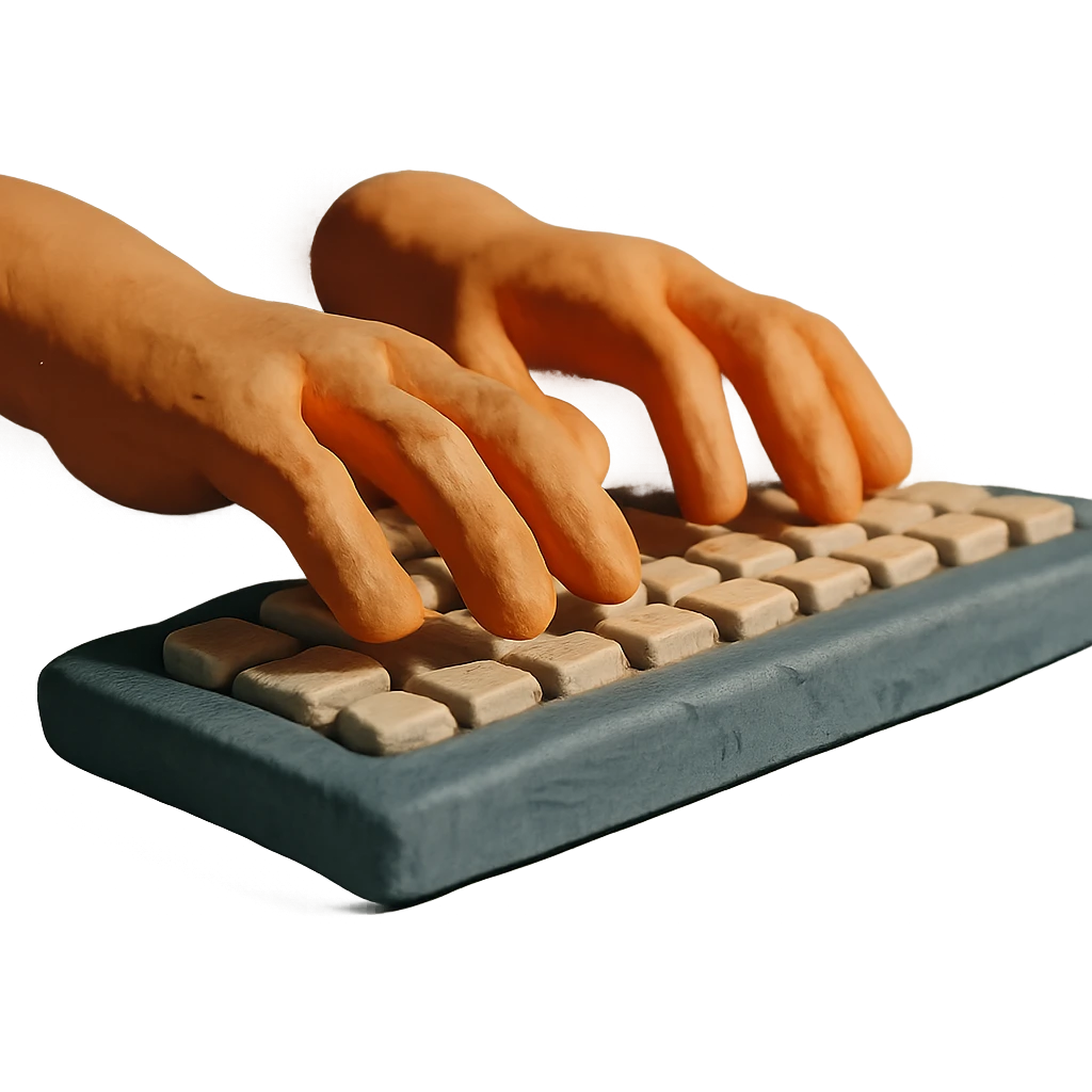 claymation style hands typing on a keyboard with visible motion emoji