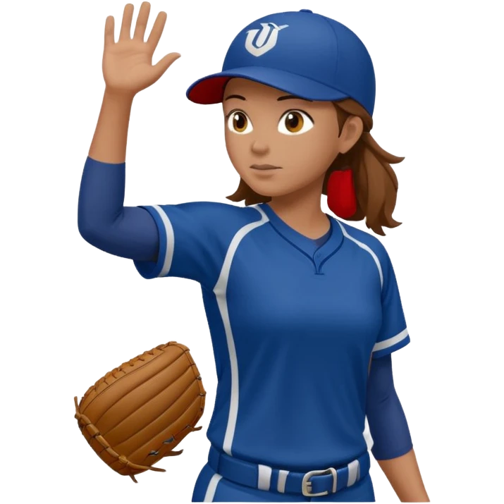 Softball pitcher pitching the ball from side view with brown hair and dark blue jersey and no hat and a face guard emoji