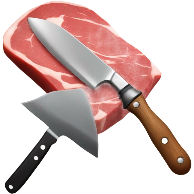 Cuchillo cortando una pieza de carne cruda de cerdo o ternera encima de una tabla de cortar roja, el cuchillo debe ser rojo o negro emoji
