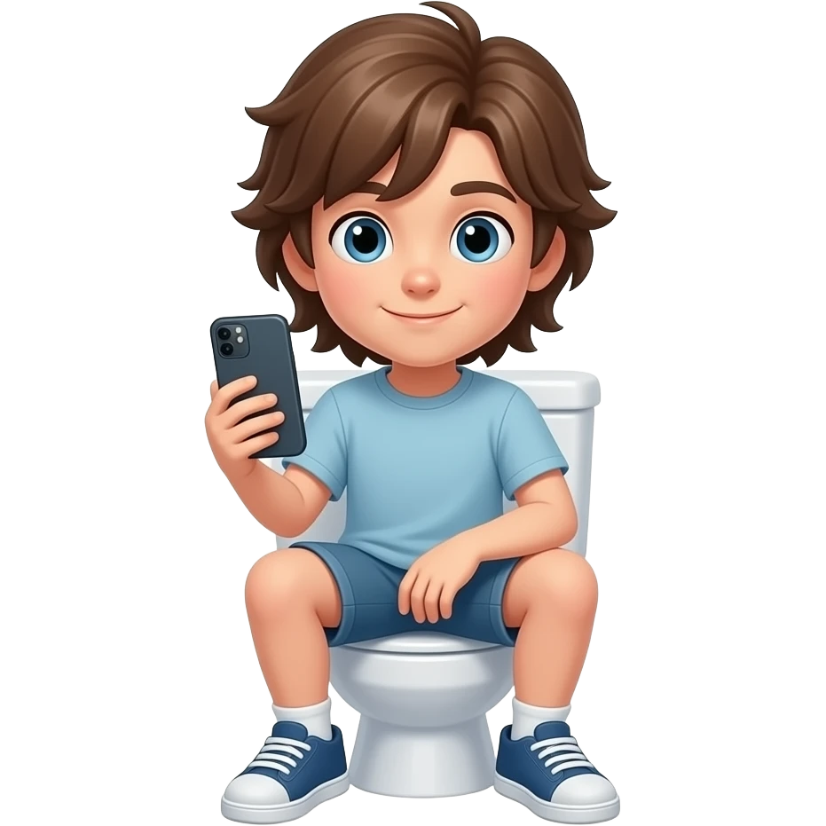 Fais un garçon qui a les cheveux brun long jusqu'au coup et aussi sur des toilette avec un téléphone emoji
