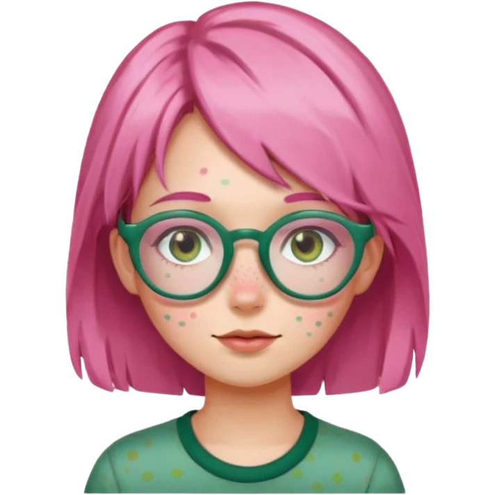 a girl with pink glasses, brownish green hair and freckles emoji