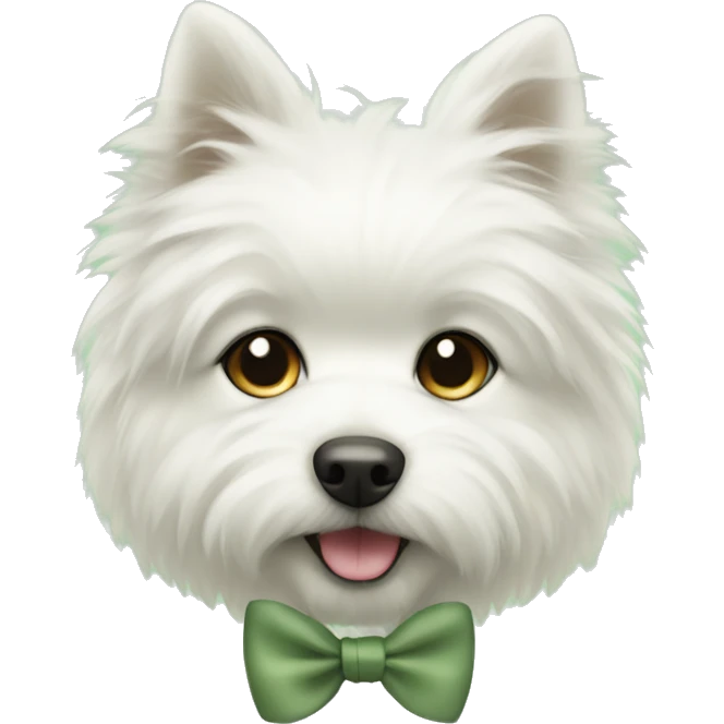 A cute white fluffy dog with a sage green bow emoji