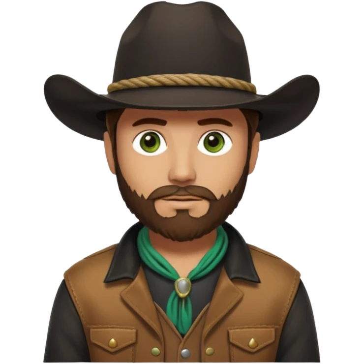 yellowstone ranch cowboy with brown beard, black cowboy hat with black rope and no jewel, black t-shirt, leather tan jacket, and green eyes emoji