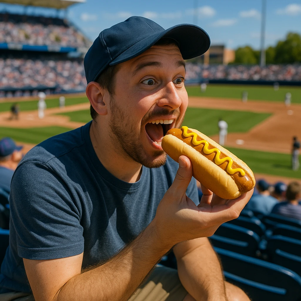 man eating a hot dog at a baseball game emoji