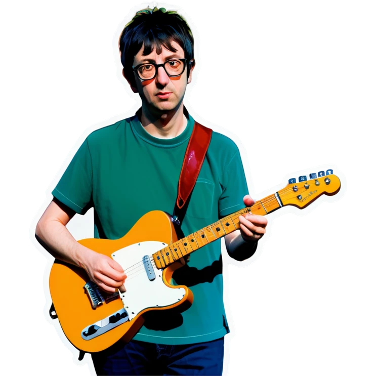 Blur guitarist Graham Coxon is holding butterscotch telecaster by left hand and drinking korean green bottle soju by right hand. emoji