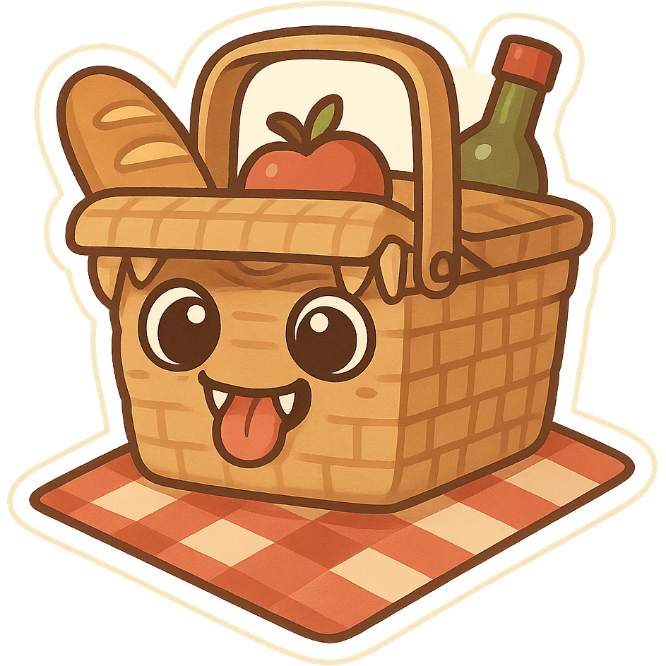 a stylized chibi picnic basket mimic with big round eyes, a smiling mouth with tiny fangs, and a tongue sticking out, friendly and cute emoji