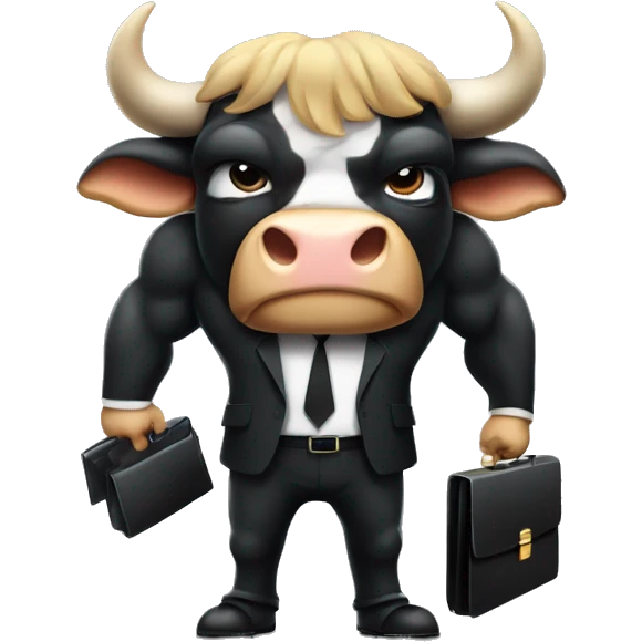 big muscular bull wearing black suit and holding a briefcase full of money with angry face emoji