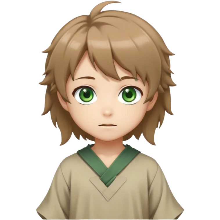 Young Rudeus Greyrat chibi, big green eyes, round face, messy light brown hair, wearing a tunic, cute and curious anime style emoji