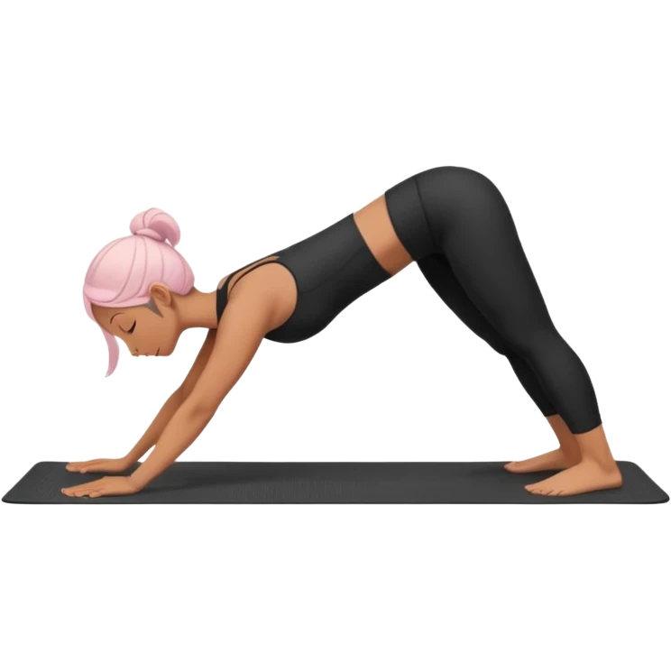 	A woman doing downward dog pose on a yoga mat, black outfit, serene background with soft pastel colors and stars. emoji
