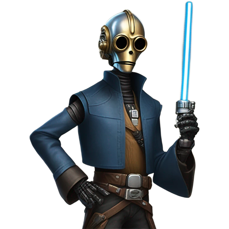 jedi first order human-sized darkblue-pearl friendly bounty hunter c3po droid wearing a leather wild west duster coat holding light saber ready to fight but relaxed. antique emoji