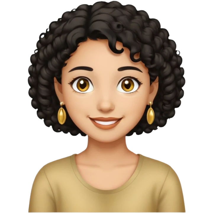 Girl showing happiness, medium skin tone, short curly black hair, gold earrings, hazel eyes emoji