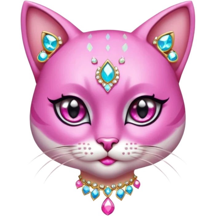 glamorous cat portrait, head and shoulders only, exaggerated pink makeup, bright eyeshadow, long eyelashes, shiny blush cheeks, sparkling face gems, glitter accents, elegant earrings, fantasy beauty style, cute 3D cartoon, mobile game icon style, clean background, no text, no watermark
 emoji
