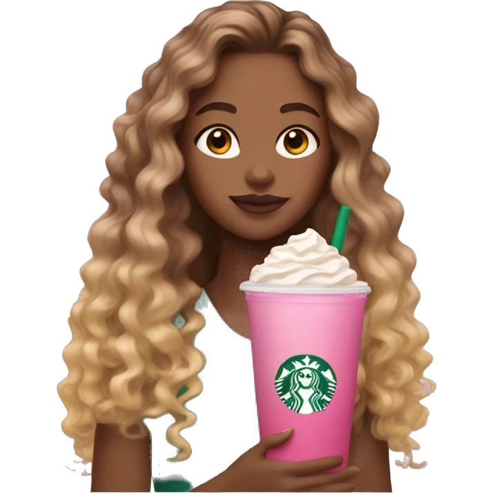 girl with brown and blonde ombré long curly hair holding Pink starbucks refresher emoji
