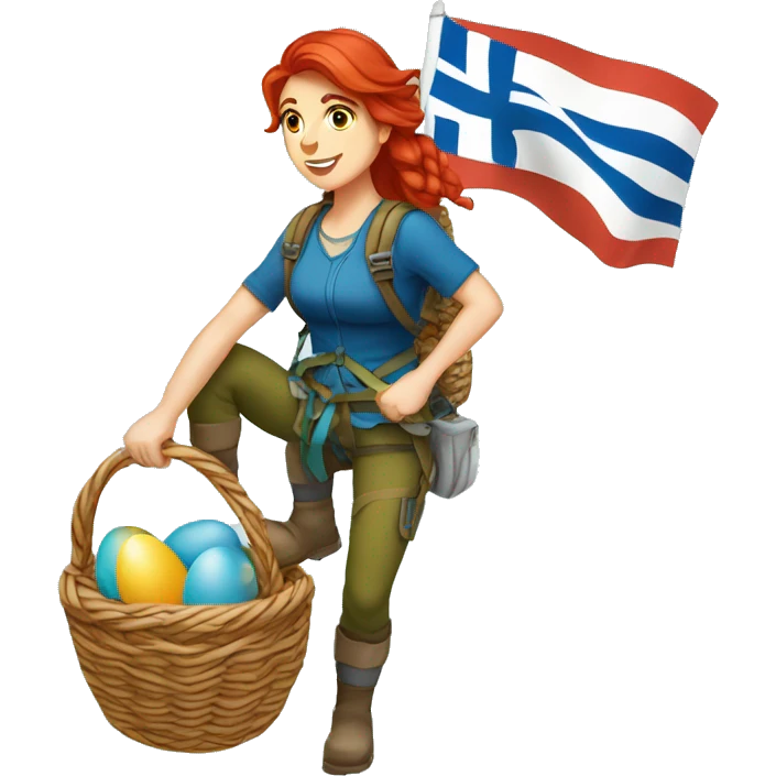 Female mountaineer red hair climbing with Easter eggsbasket and Greek flag emoji