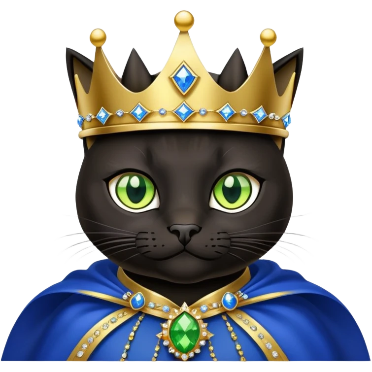 black cat with brilliant neon green eyes wearing a royal blue cape trimmed in gold and a crown with jewels emoji