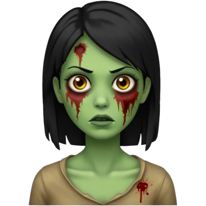 Faça uma zombie verde mulher com cabelos pretos e lisos de olhos castanhos emoji