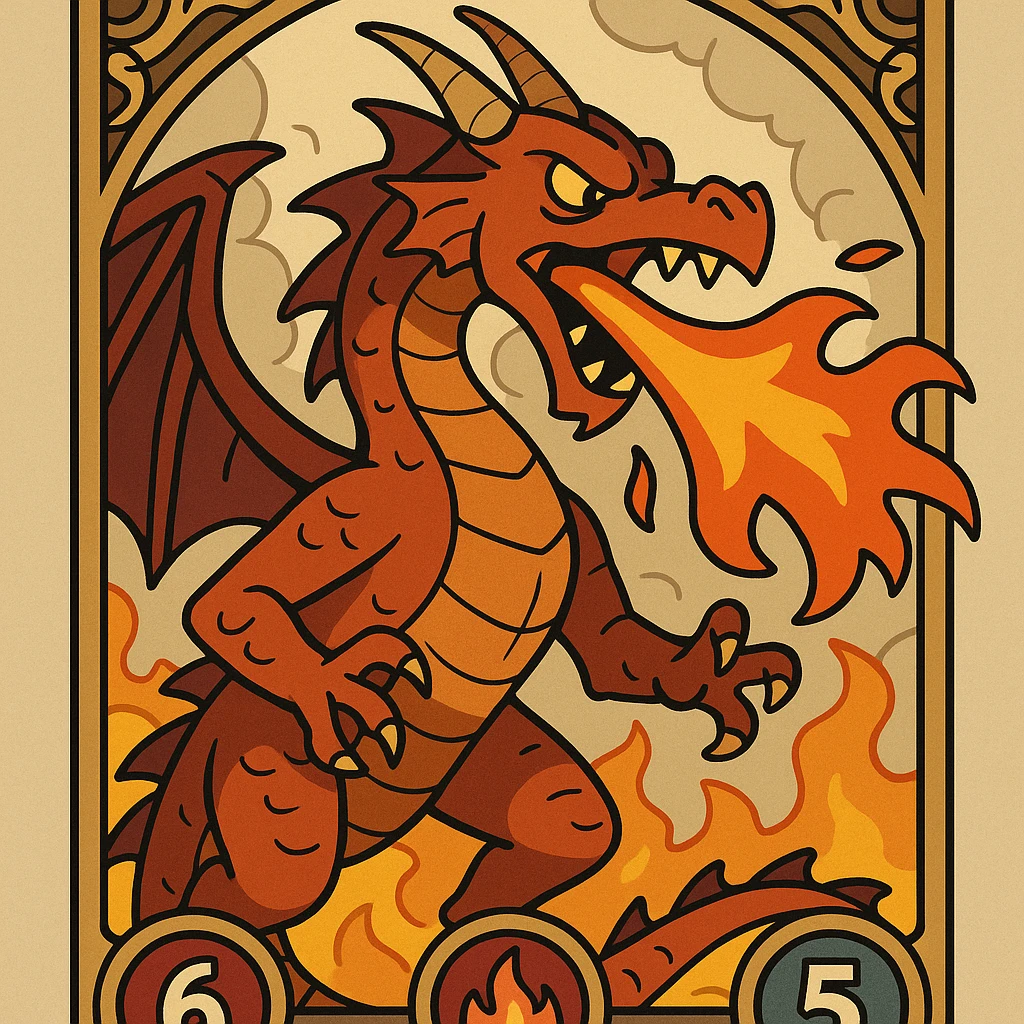 epic collectible card featuring a fire-breathing dragon with visible health, fire, and armor stats, intricate details, ornate card border, dramatic pose, vibrant colors, fantasy illustration style emoji