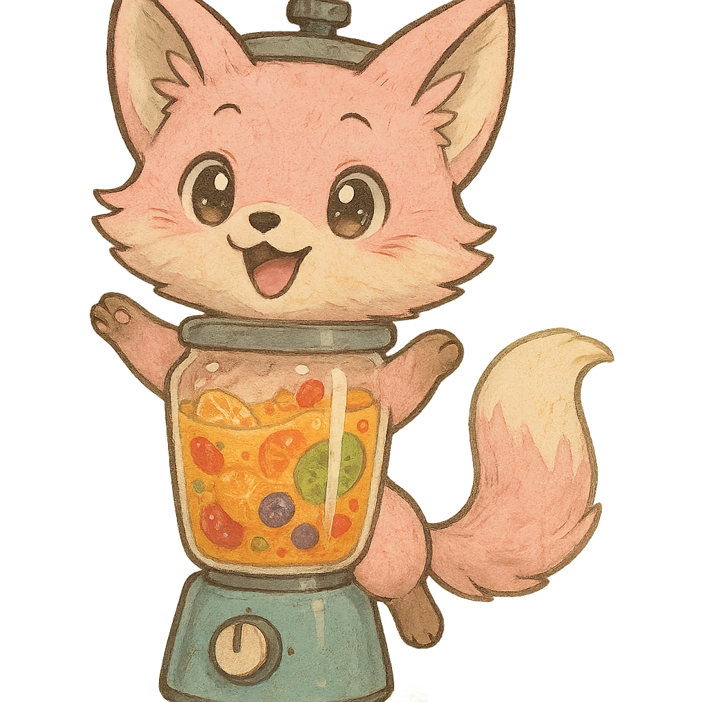 detailed Ghibli-inspired chibi fox with pastel pink fur transformed into a blender, transparent body filled with luscious multi-fruit smoothie, expressive sparkling eyes, joyful pose, full-body emoji