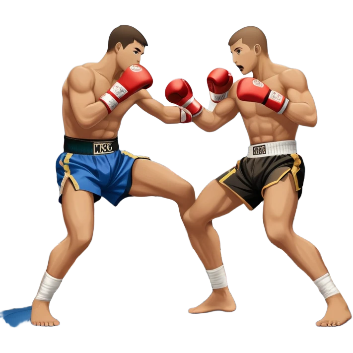 An icon symbolizing kickboxing, featuring two fighters in the midst of an intense match. One throws a powerful roundhouse kick, while the other counters with a punch. The background shows a ring, with ropes and a cheering crowd. Transparent background highlights the action and strength emoji