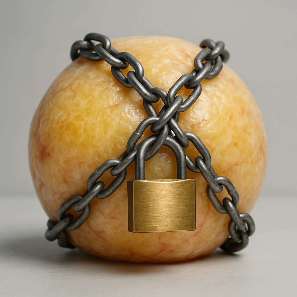 realistic fat cell locked by chains and padlock, hyper realistic 4K, cellular details, clinical atmosphere, neutral background emoji