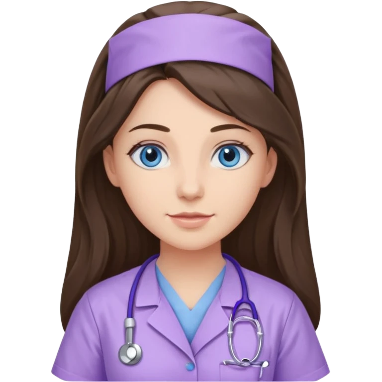 pretty brunette nurse with long hair and blue eyes in lilac scrubs emoji