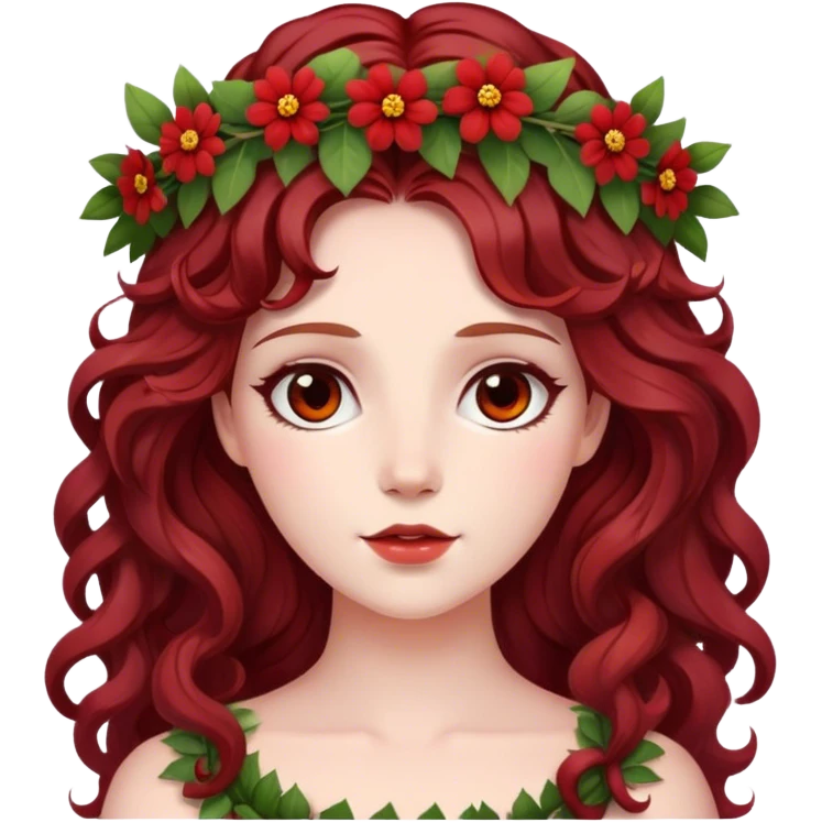 In Greek mythology, Persephone is often depicted as a young goddess with fair skin and dark red, wavy hair. She is typically shown wearing a wreath of flowers emoji