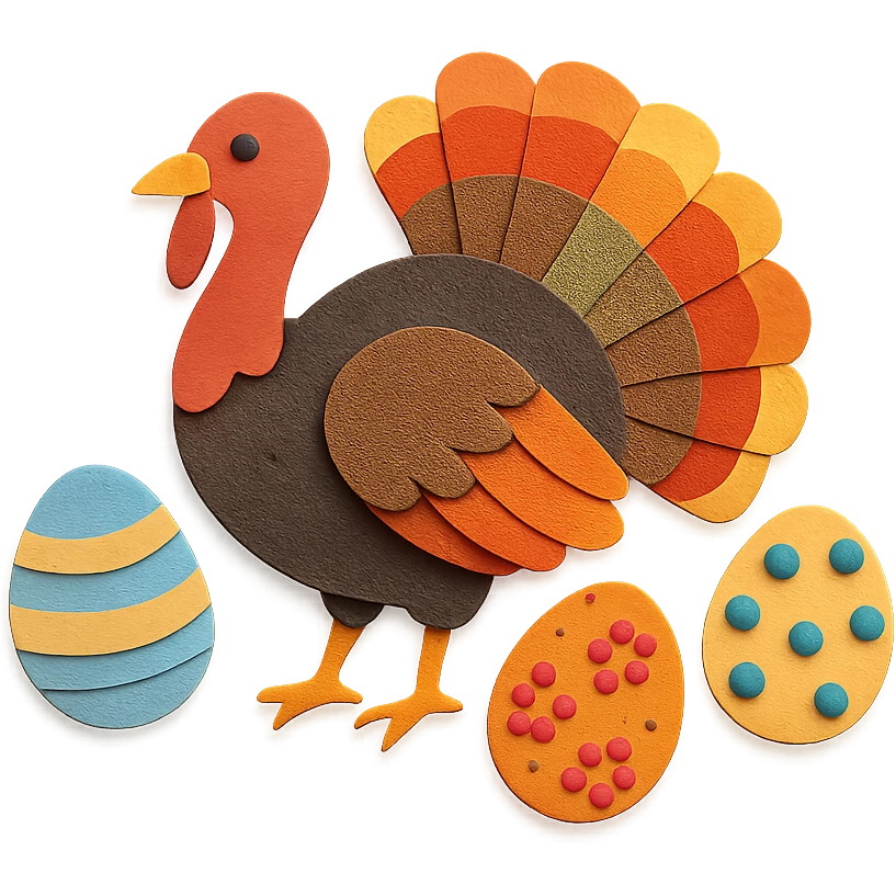 wild turkey in paper craft style, layered paper details, colorful feathers, fanned tail, surrounded by decorated Easter eggs emoji