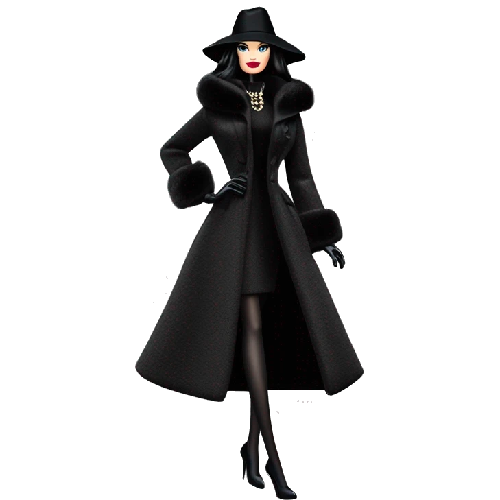 Silkstone Dazzling Winter Barbie Morticia Addams .  Wearing coat gloves boots hat emoji