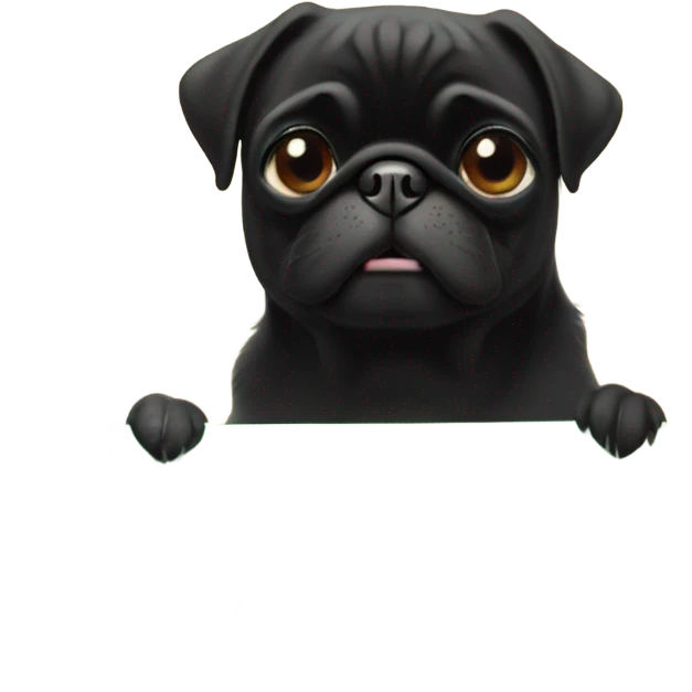 Black pug , surrounded by flowers, holding a green sign that says “good luck”  emoji