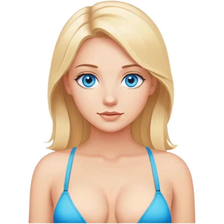 small head, blonde woman, blue eyes, gigantic breasts, tiny link bikini bra emoji