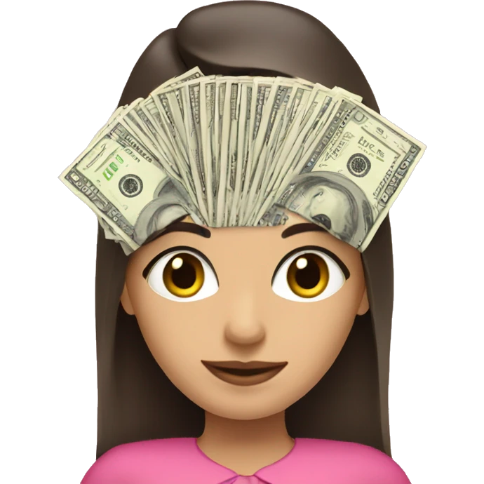brunette girl with long hair in a pink dress holds paper dollars in her hands emoji